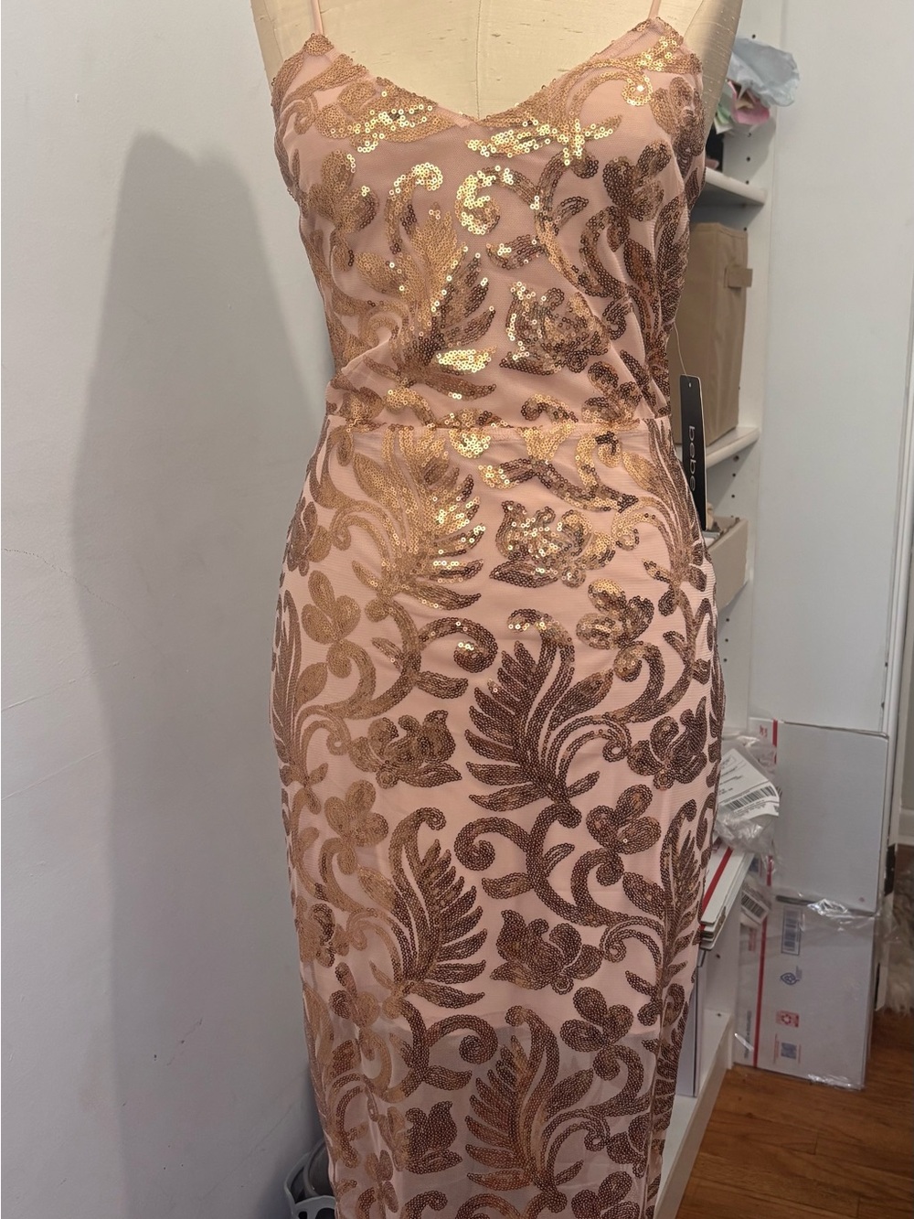 BEBE Pink Slip Midi Dress with Gold Sequin Embroidery